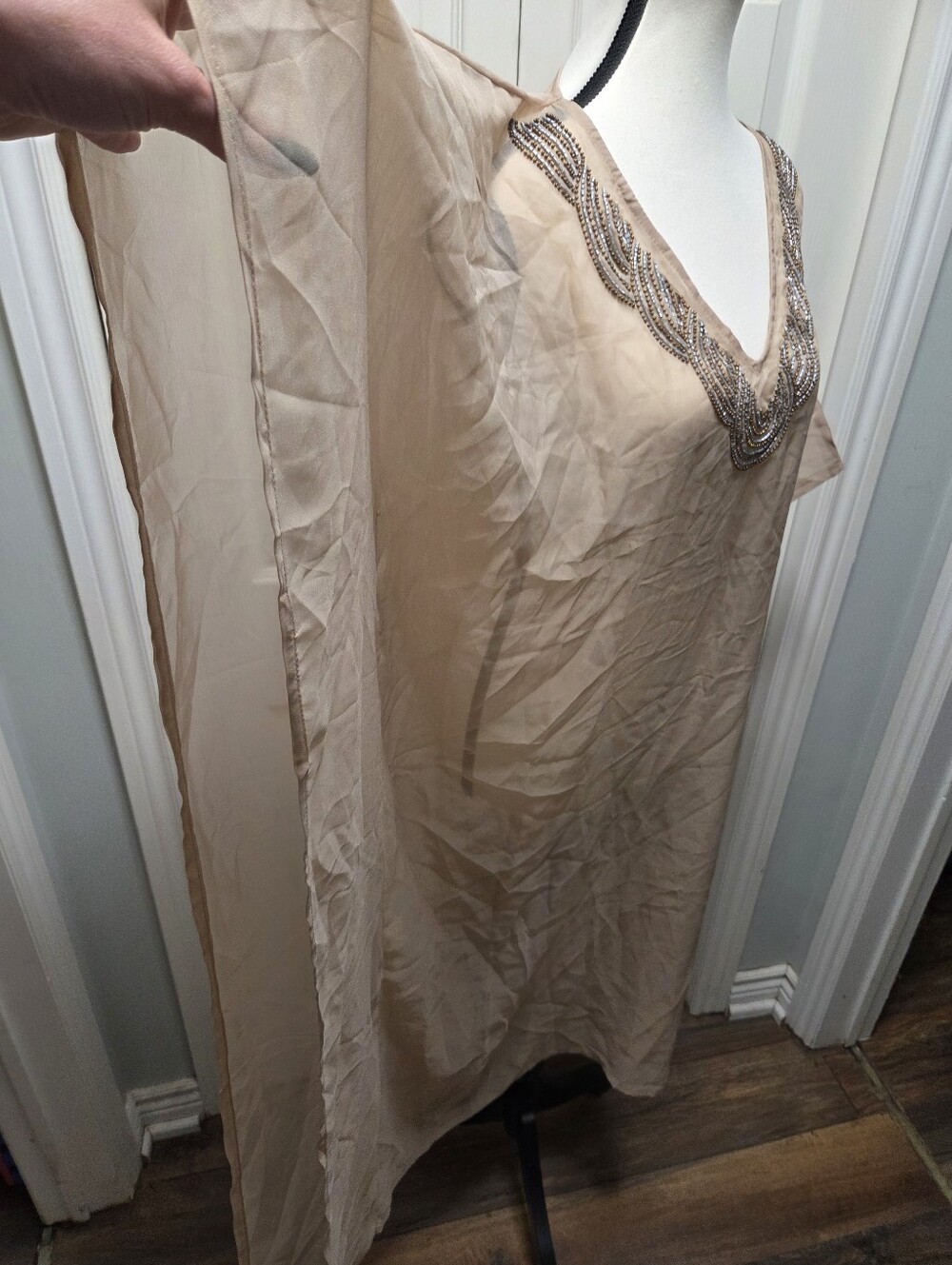 Sheer Beaded V-Neck Swim Coverup